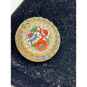 1950's Circular Micro Mosaic Brooch signed Italy gold tone 3 flowers blue flower